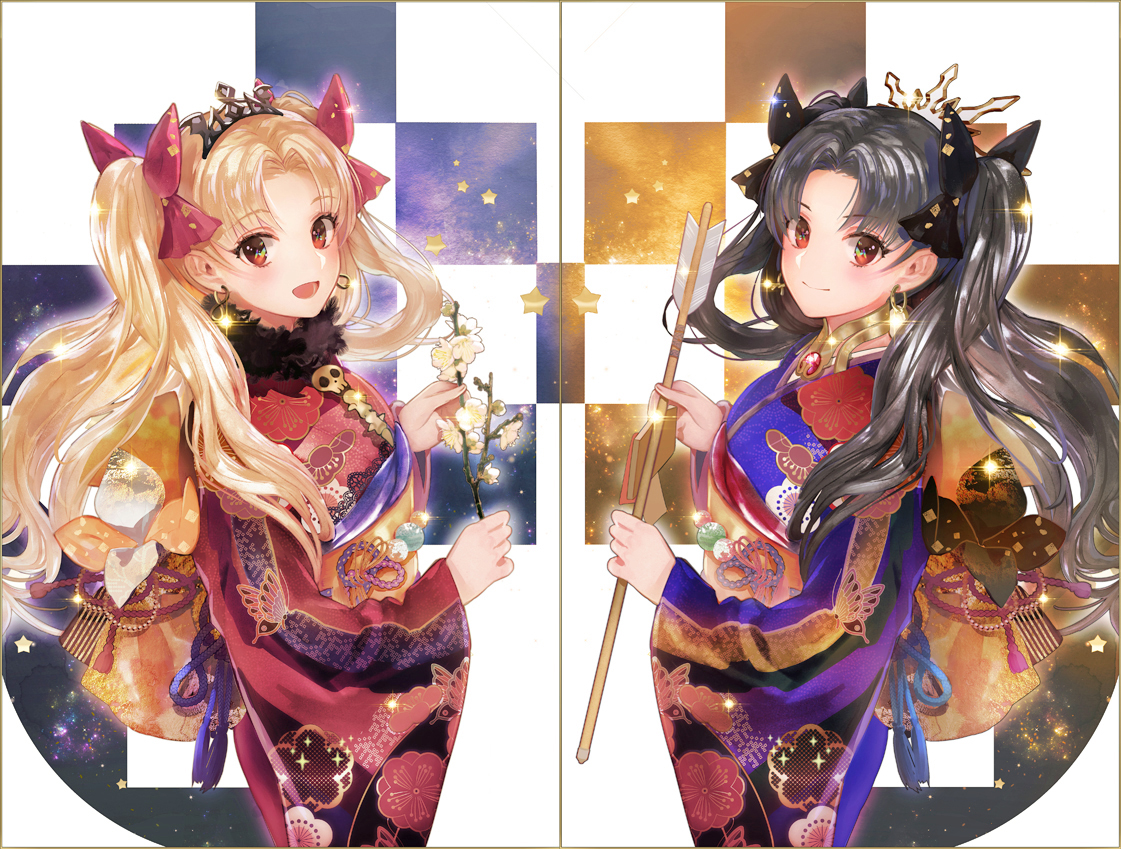 2girls, black_hair, blonde_hair, ereshkigal_(fate/grand_order), fate/grand_order, fate_(series), headdress, ishtar_(fate/grand_order), japanese_clothes, kimono, long_hair, red_eyes, shutsuri, twintails