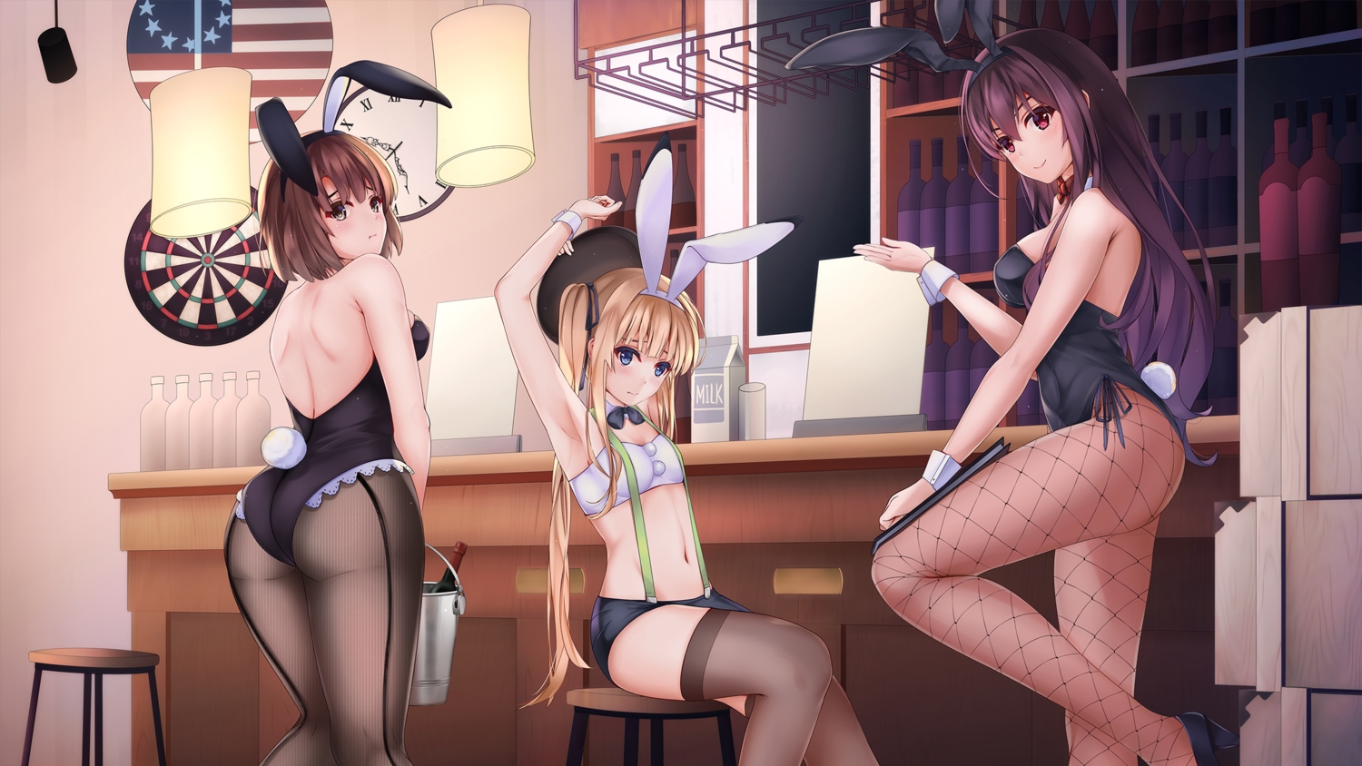 animal_ears, ass, bikini_top, bunny_ears, bunnygirl, collar, cropped, drink, kasumigaoka_utaha, katou_megumi, pantyhose, saenai_heroine_no_sodatekata, satou_chagashi, sawamura_spencer_eriri, shorts, tail, thighhighs
