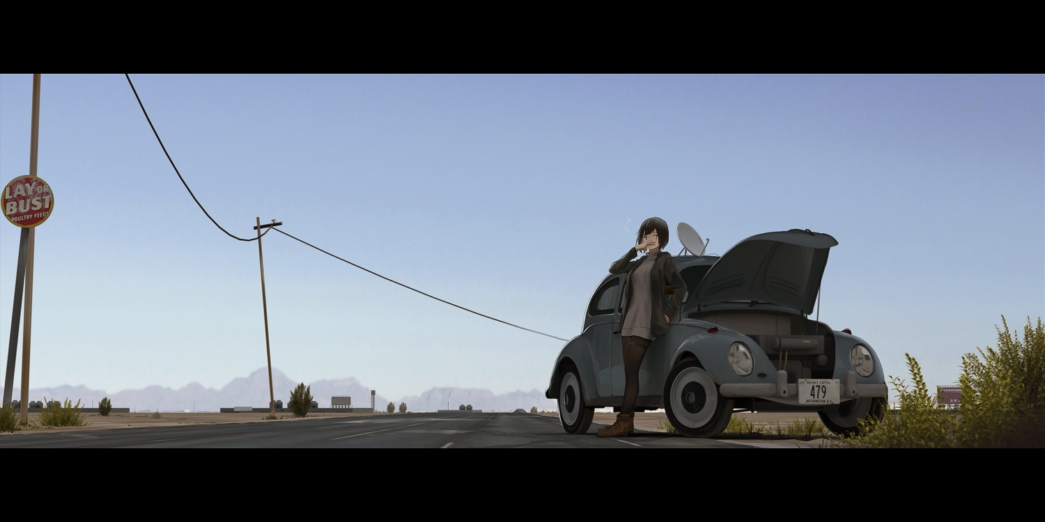 3d, boots, car, cigarette, dress, garter, gh_(chen_ghh), landscape