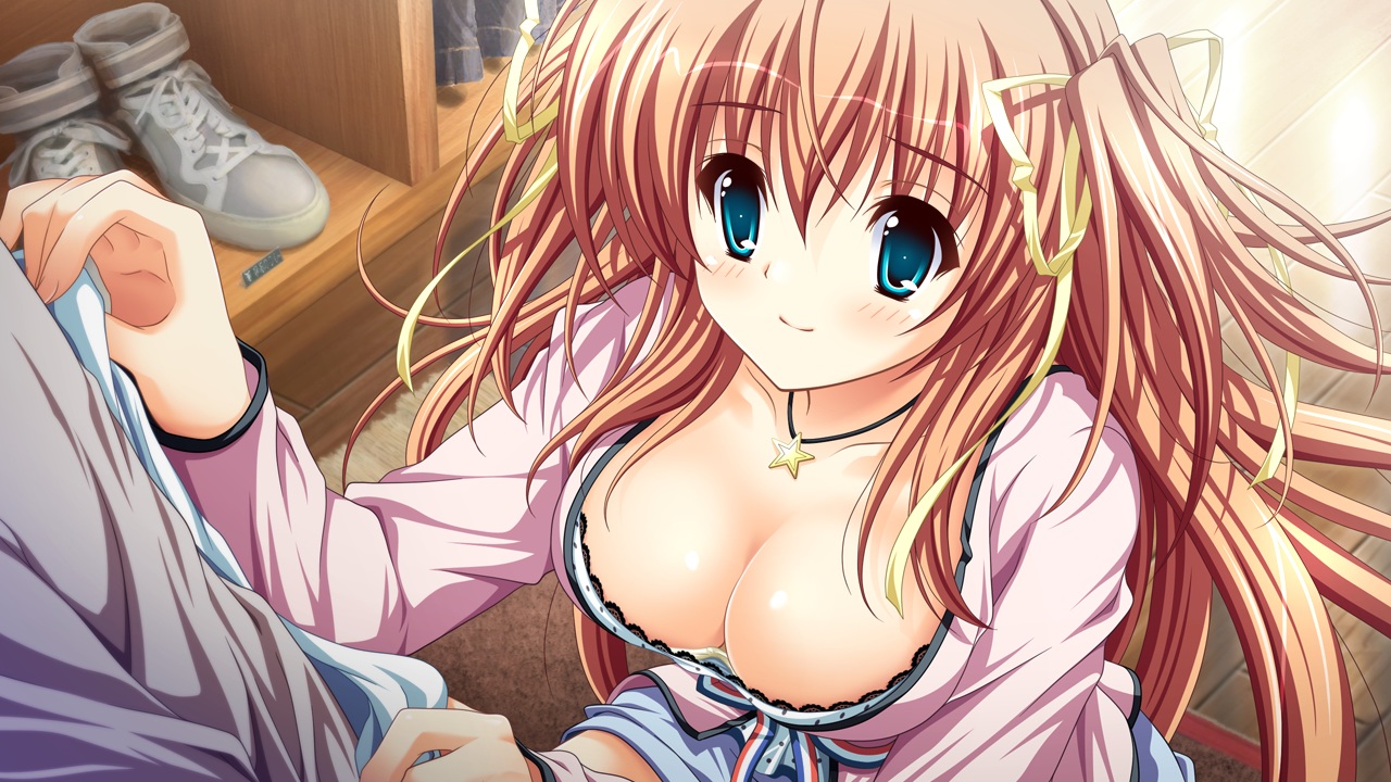 aqua_eyes, breasts, cleavage, close, game_cg, higashibetsuin_rurumi, long_hair, necklace, orange_hair, renai_kateikyoushi_rurumi_coordinate, riffraff, suzui_narumi