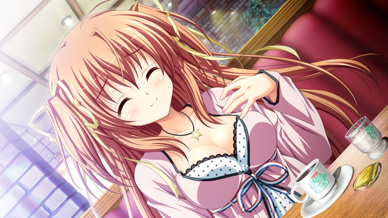 breasts, cleavage, drink, game_cg, higashibetsuin_rurumi, long_hair, necklace, orange_hair