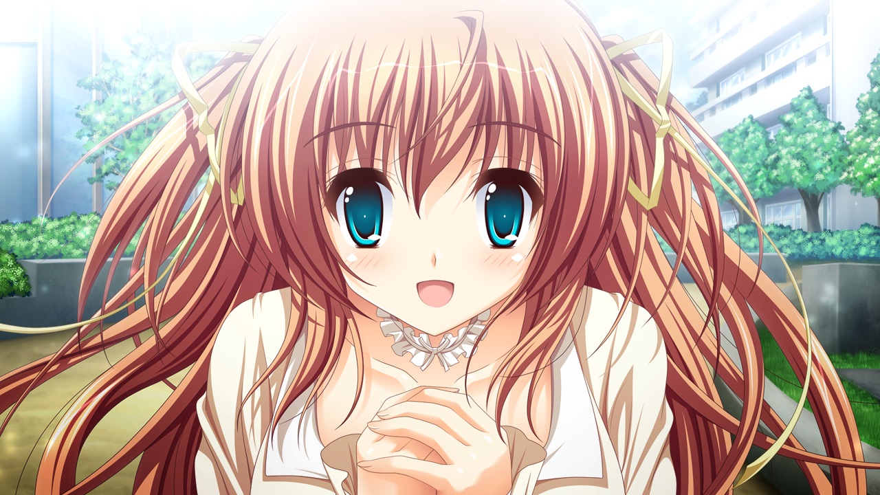 aqua_eyes, building, close, collar, game_cg, grass, higashibetsuin_rurumi, long_hair