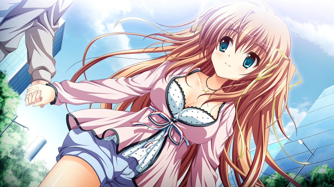 aqua_eyes, breasts, building, city, cleavage, game_cg, higashibetsuin_rurumi, long_hair, necklace, orange_hair, renai_kateikyoushi_rurumi_coordinate, riffraff, shorts, suzui_narumi