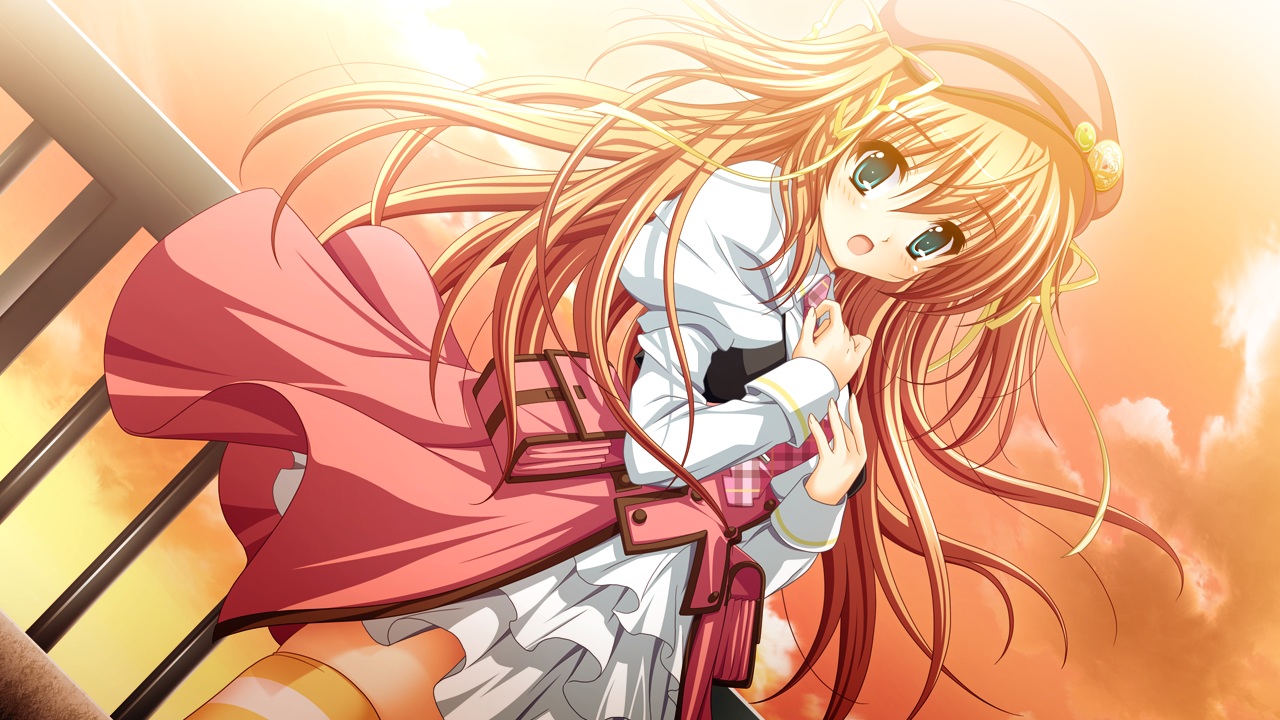 blue_eyes, game_cg, hat, higashibetsuin_rurumi, orange_hair, renai_kateikyoushi_rurumi_coordinate, riffraff, sunset