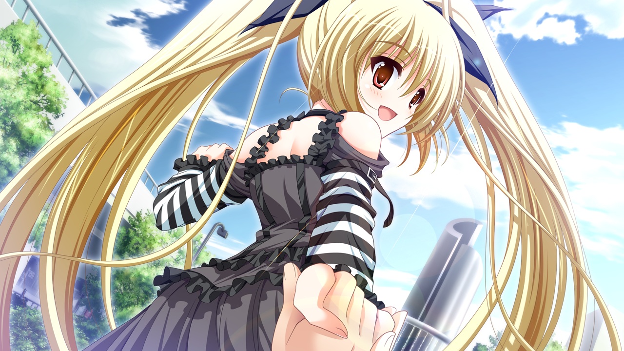 aratamabashi_mana, blonde_hair, building, city, game_cg, goth-loli, lolita_fashion, long_hair, red_eyes, renai_kateikyoushi_rurumi_coordinate, riffraff, suzui_narumi, twintails