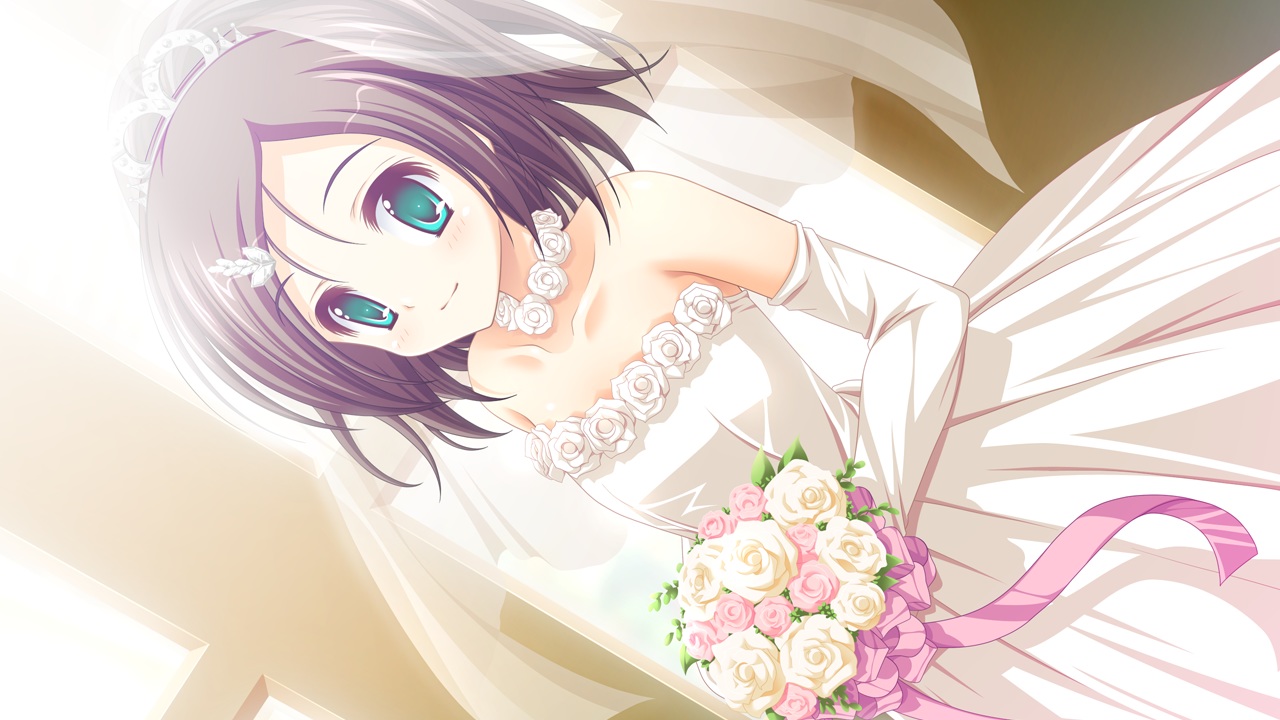 black_hair, blue_eyes, dress, elbow_gloves, flowers, game_cg, gloves, kurokawa_shizuku