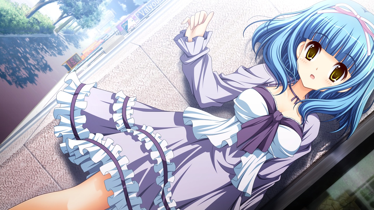 aqua_hair, breasts, building, choker, dress, game_cg, headband, renai_kateikyoushi_rurumi_coordinate