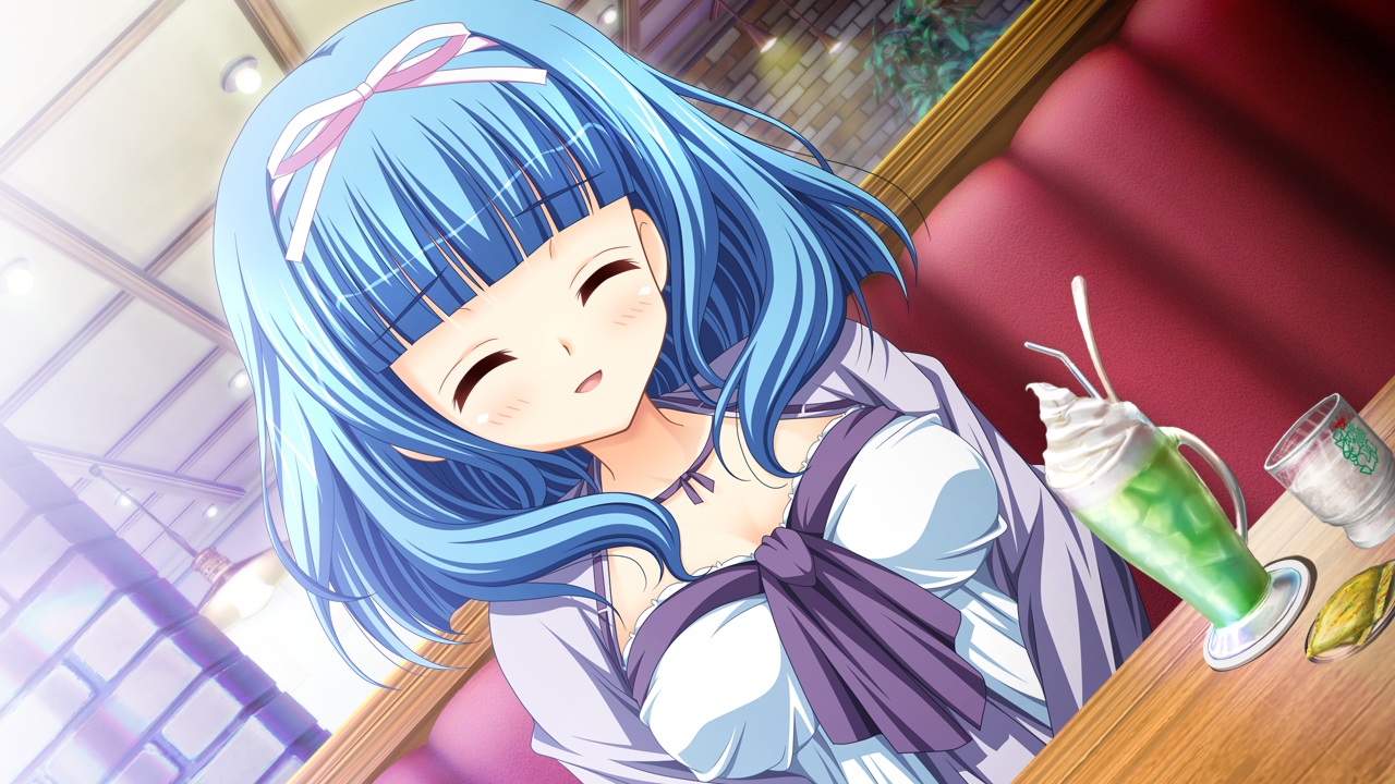 aqua_hair, breasts, close, drink, game_cg, headband, renai_kateikyoushi_rurumi_coordinate, riffraff