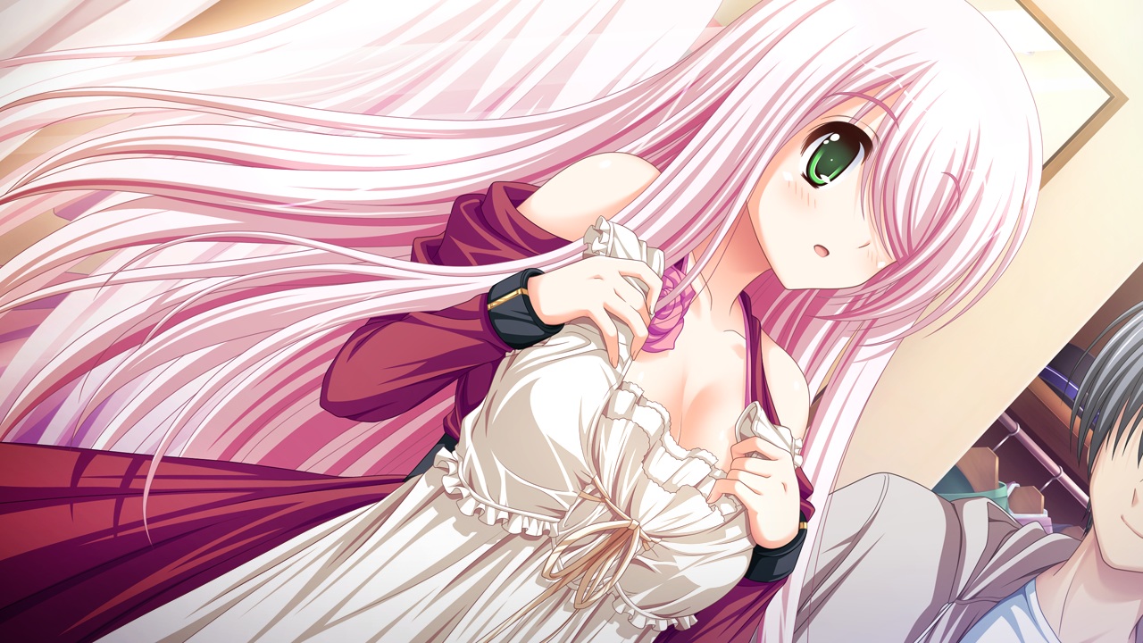 breasts, cleavage, dress, flowers, game_cg, green_eyes, long_hair, male, nonami_honoka, pink_hair, renai_kateikyoushi_rurumi_coordinate, riffraff, rose, suzui_narumi