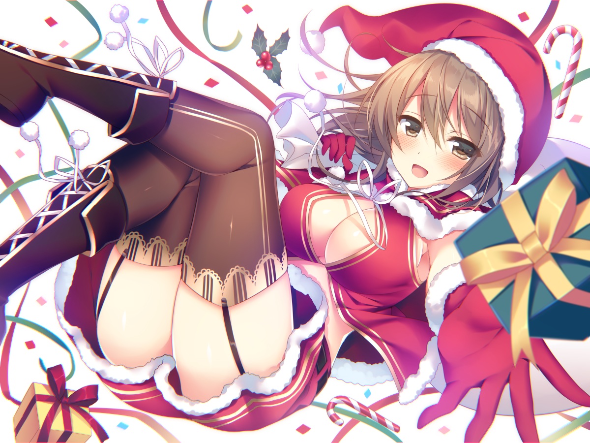 adelite_(brave_girl_ravens), blush, bow, brave_girl_ravens, breasts, brown_eyes, brown_hair, candy, cape, christmas, cleavage, food, garter_belt, gloves, hat, ribbons, santa_hat, short_hair, skirt, sorai_shinya, stockings, thighhighs