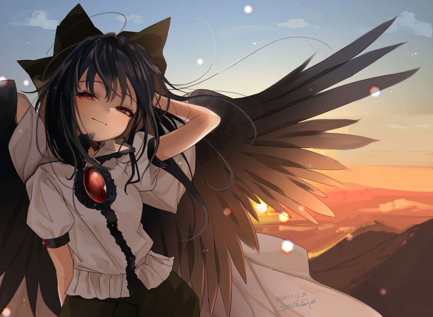 black_hair, close, gotoh510, long_hair, red_eyes, reiuji_utsuho, signed, sunset