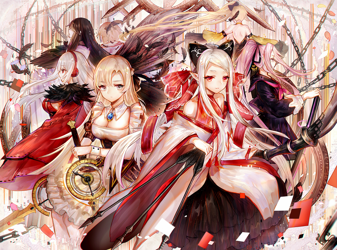 ann, antoneva, black_hair, blonde_hair, bow, breasts, chain, cleavage, dress, feathers, forever_7th_capital, gray_eyes, group, headphones, japanese_clothes, long_hair, pink_hair, pointed_ears, ponytail, red_eyes, school_uniform, skirt, sword, tagme_(artist), watari, weapon, white_hair, wings