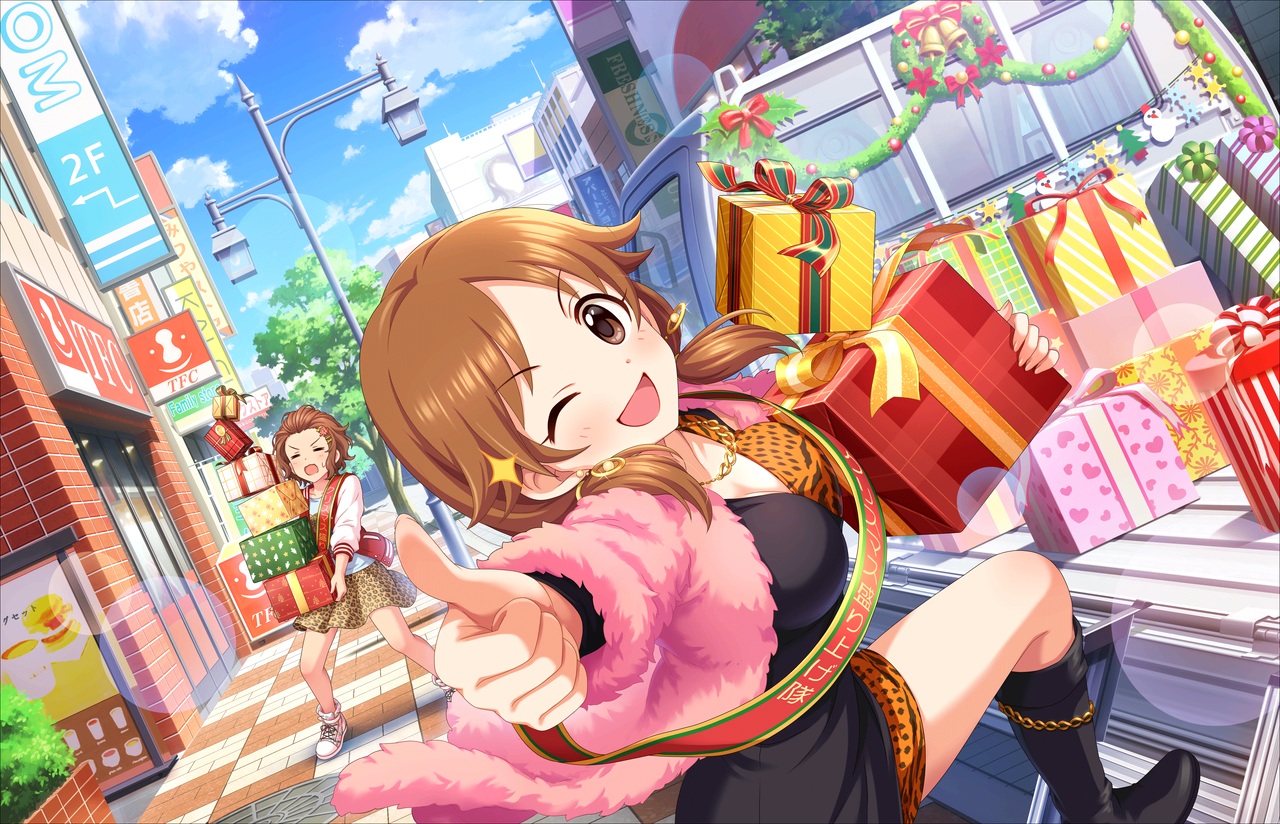 annin_doufu, boots, brown_eyes, brown_hair, building, christmas, clouds, dress