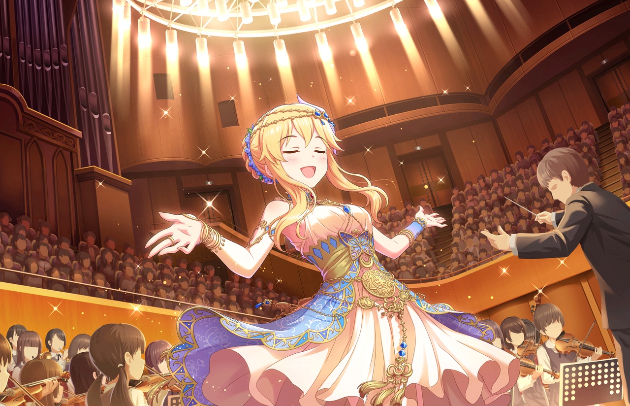 annin_doufu, blonde_hair, brown_hair, clarice_(idolmaster), dress, idolmaster, idolmaster_cinderella_girls, idolmaster_cinderella_girls_starlight_stage, instrument, short_hair, suit, twintails