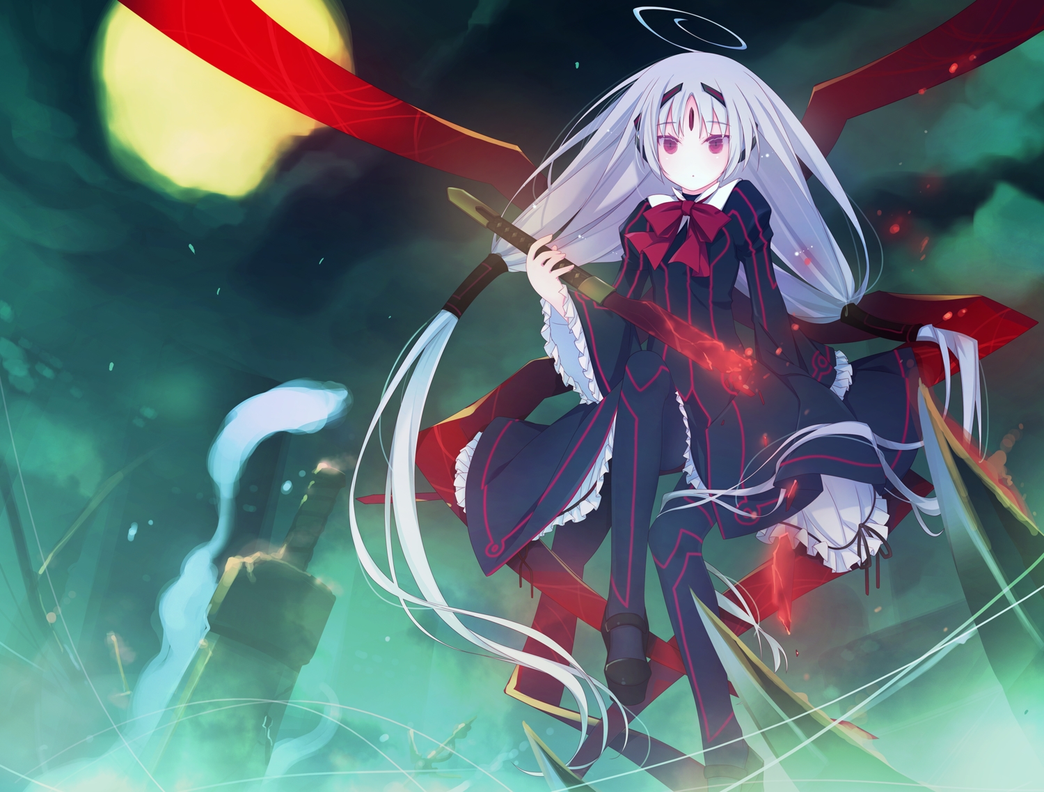 bow, clouds, dress, goth-loli, gray_hair, lolita_fashion, long_hair, moon, night, pantyhose, purple_eyes, ribbons, ruroo, sky, sword, twintails, under_night_in-birth, vatista, weapon