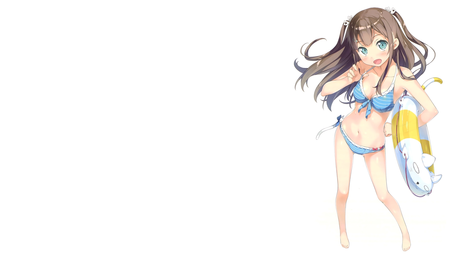 ange_vierge, bikini, blue_eyes, brown_hair, kantoku, miumi_hinata, navel, panties, scan, striped_panties, swim_ring, swimsuit, underwear, white