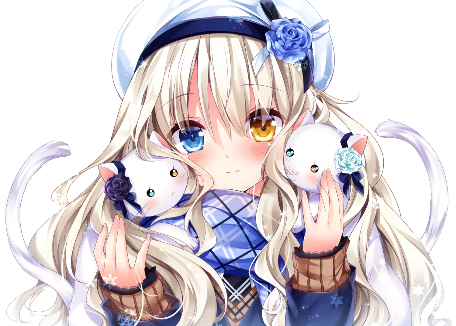animal, bicolored_eyes, blonde_hair, blush, bow, cat, close, hat