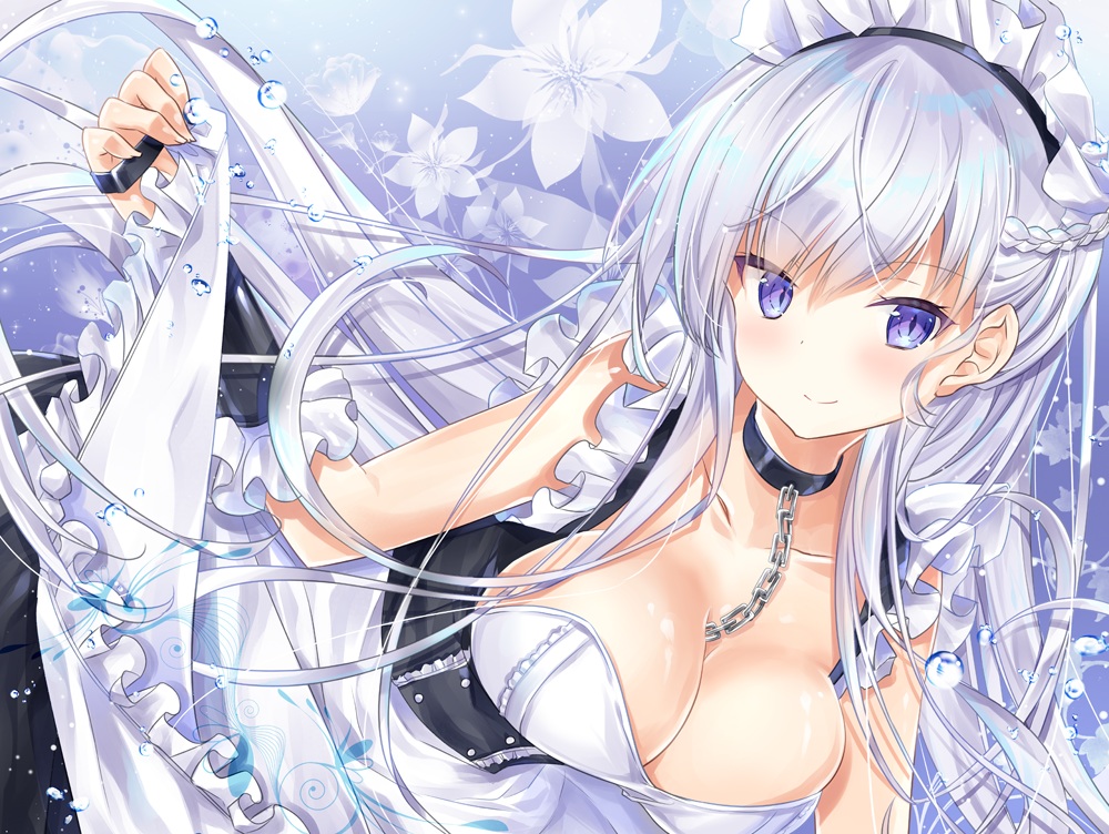 anthropomorphism, azur_lane, belfast_(azur_lane), blue_eyes, braids, breasts, chain, cleavage, collar, dress, flowers, headdress, kurun_(kurun777), long_hair, white_hair