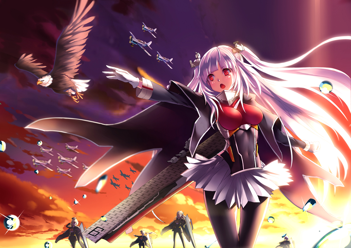 animal, anthropomorphism, bird, cape, clouds, gloves, group, long_hair