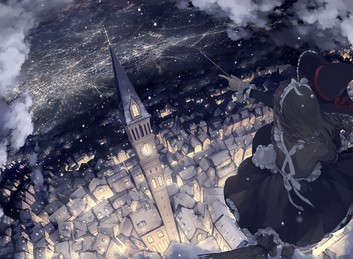 2girls, bow, brown_hair, building, city, clouds, dress, hat, kakmxxxny06, long_hair, maid, night, original, ribbons, scenic, witch, witch_hat
