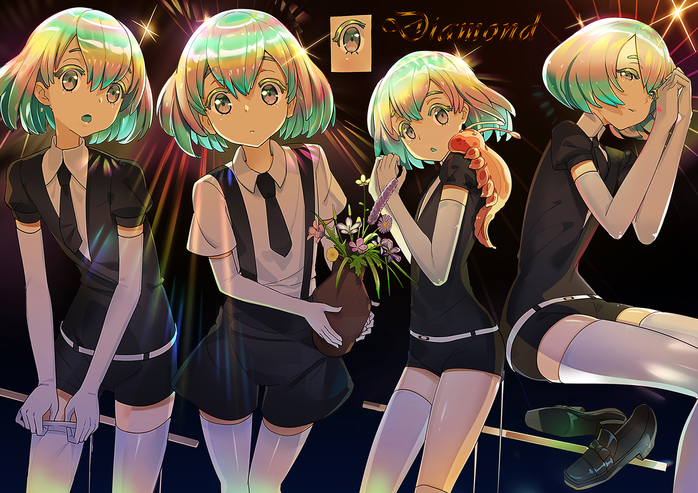 animal, diamond_(houseki_no_kuni), elbow_gloves, el-zheng, flowers, gloves, gray_eyes, houseki_no_kuni