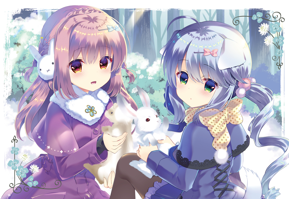 2girls, animal, animal_ears, blue_hair, bow, braids, doggirl, green_eyes, lolita_fashion, long_hair, orange_eyes, original, pantyhose, purple_hair, rabbit, snow, tail, takashina_asahi, twintails, winter