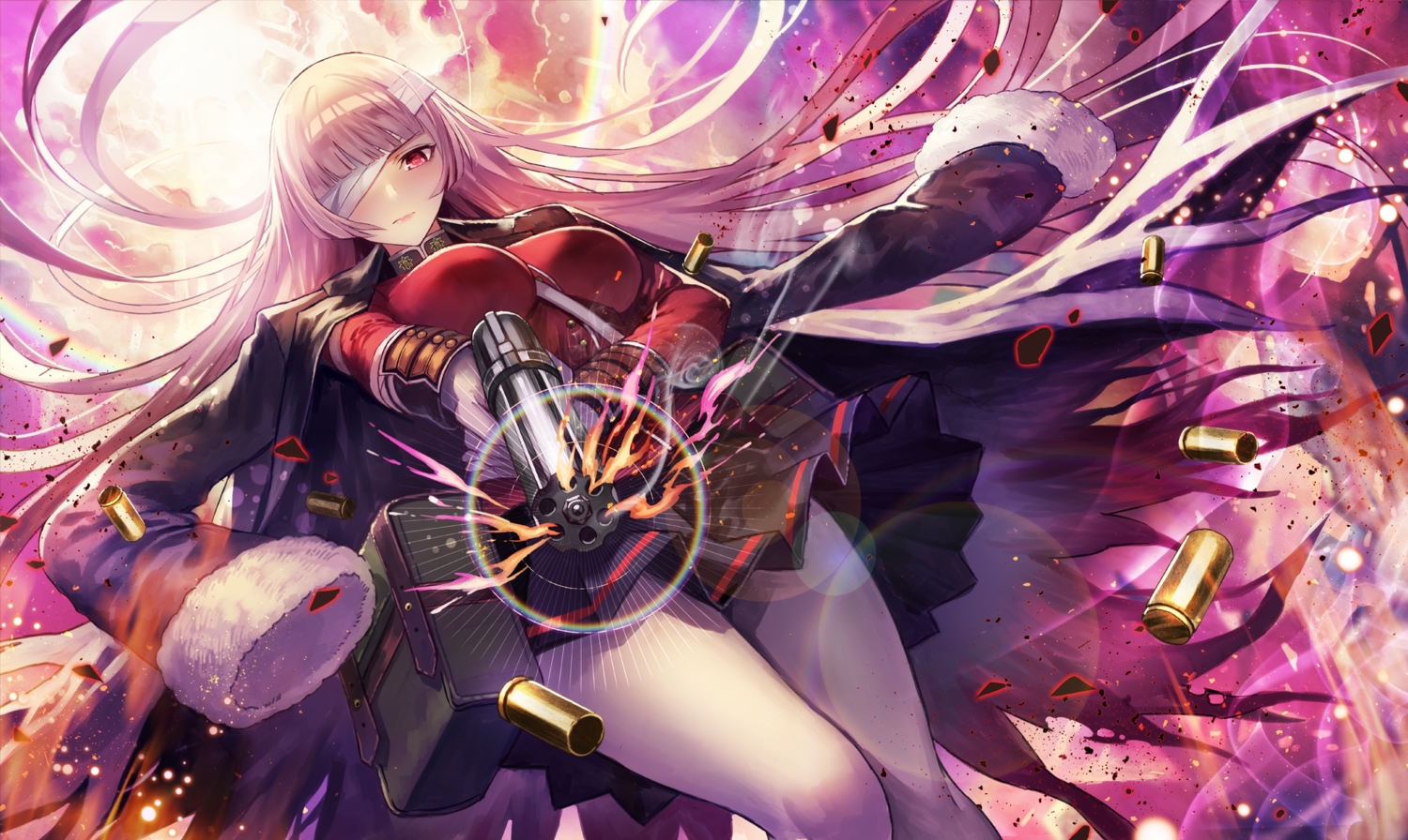 bandage, breasts, clouds, eyepatch, fate/grand_order, fate_(series), fire, florence_nightingale, gloves, gun, long_hair, military, pantyhose, pink_eyes, pink_hair, skirt, sky, terai_(teraimorimori), uniform, watermark, weapon
