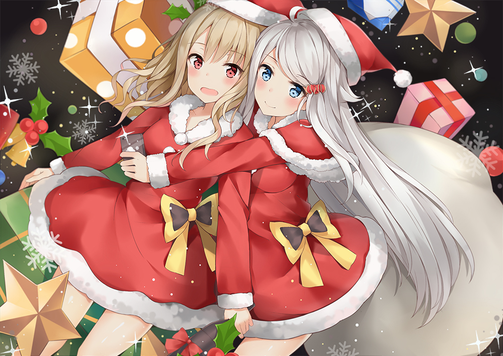 2girls, aqua_eyes, bell, blush, bow, brown_hair, christmas, dress