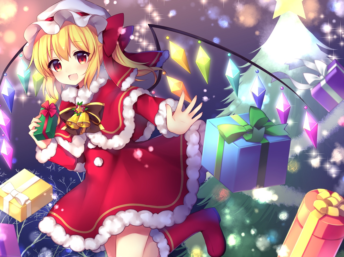 bell, blonde_hair, boots, bow, cape, christmas, dress, flandre_scarlet