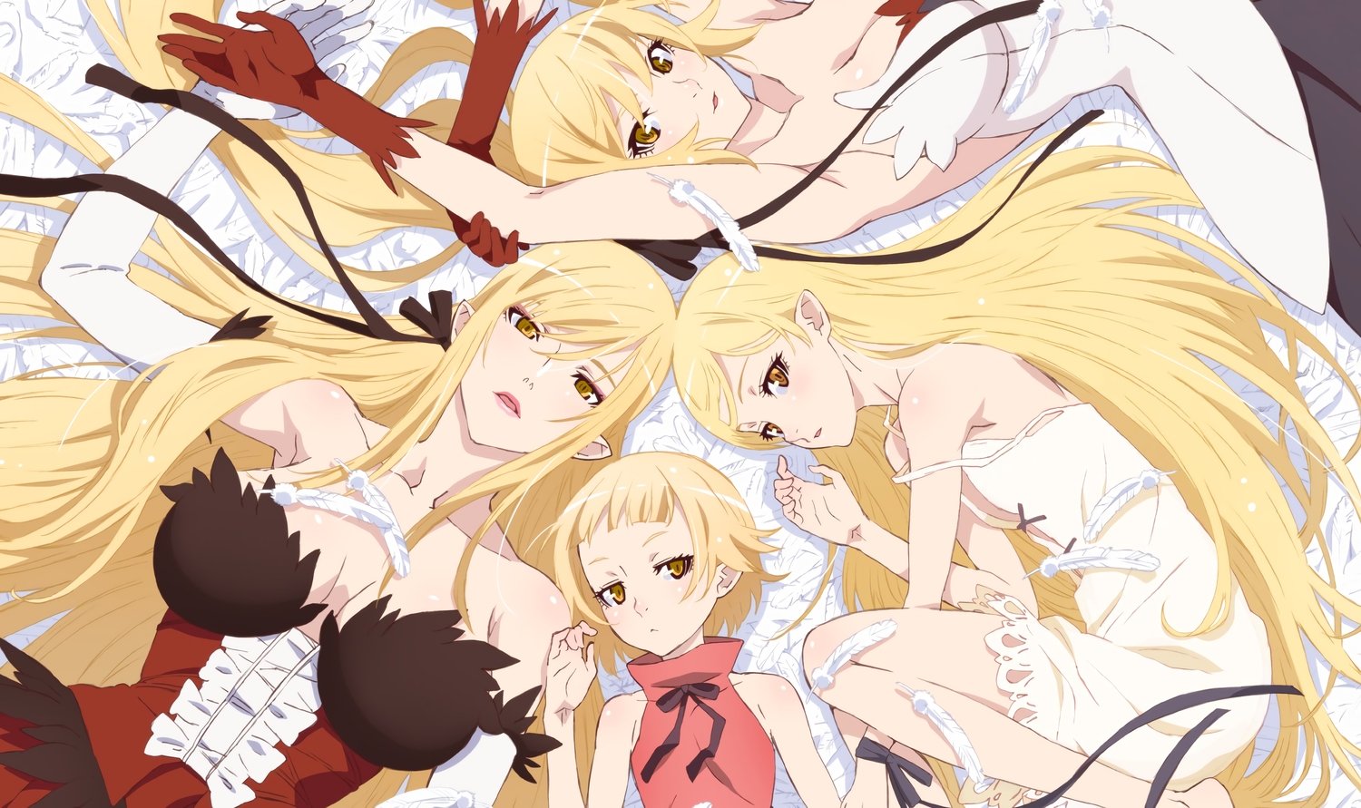 bakemonogatari, blonde_hair, breasts, cleavage, gloves, kissshot_acerolaorion_heartunderblade, kizumonogatari, loli, long_hair, monogatari_(series), oshino_shinobu, pointed_ears, scan, short_hair, tagme_(artist), vampire, yellow_eyes