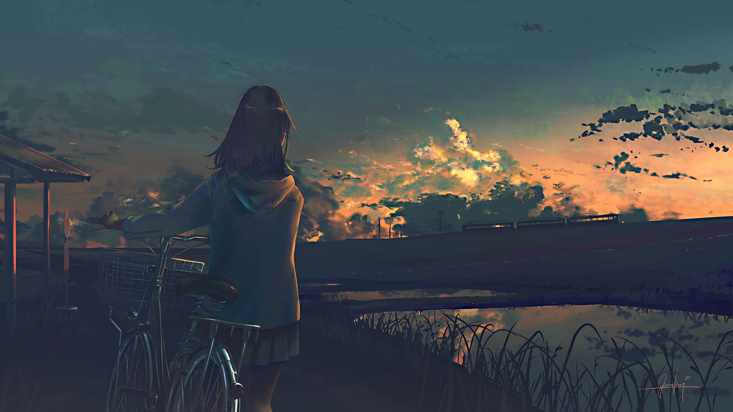 bicycle, brown_hair, building, clouds, dark, goroku, hood, landscape, original, pantyhose, scenic, school_uniform, signed, skirt, sky, sunset, train, water