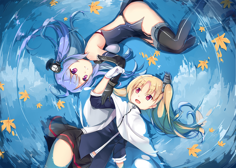 2girls, anthropomorphism, azur_lane, blonde_hair, blue_hair, cleveland_(azur_lane), gloves, helena_(azur_lane), jacknavy, long_hair, purple_eyes, red_eyes, thighhighs, water