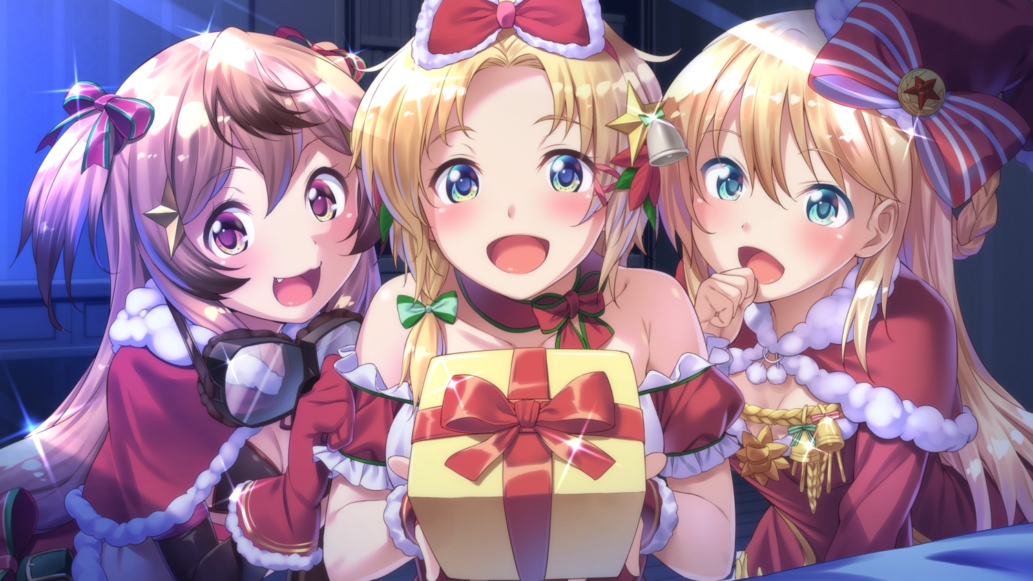 bell, blonde_hair, christmas, ekaterina_krachevna_kankaeva, fang, formation_girls, gloves, goggles