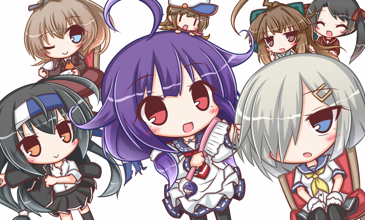 anthropomorphism, black_hair, blue_eyes, brown_eyes, brown_hair, chibi, fairy_(kancolle), gloves, gray_hair, hamakaze_(kancolle), hat, hatsushimo_(kancolle), kantai_collection, komakoma_(magicaltale), kuma_(kancolle), kumano_(kancolle), long_hair, mikuma_(kancolle), pantyhose, ponytail, red_eyes, short_hair, taigei_(kancolle), uniform, white