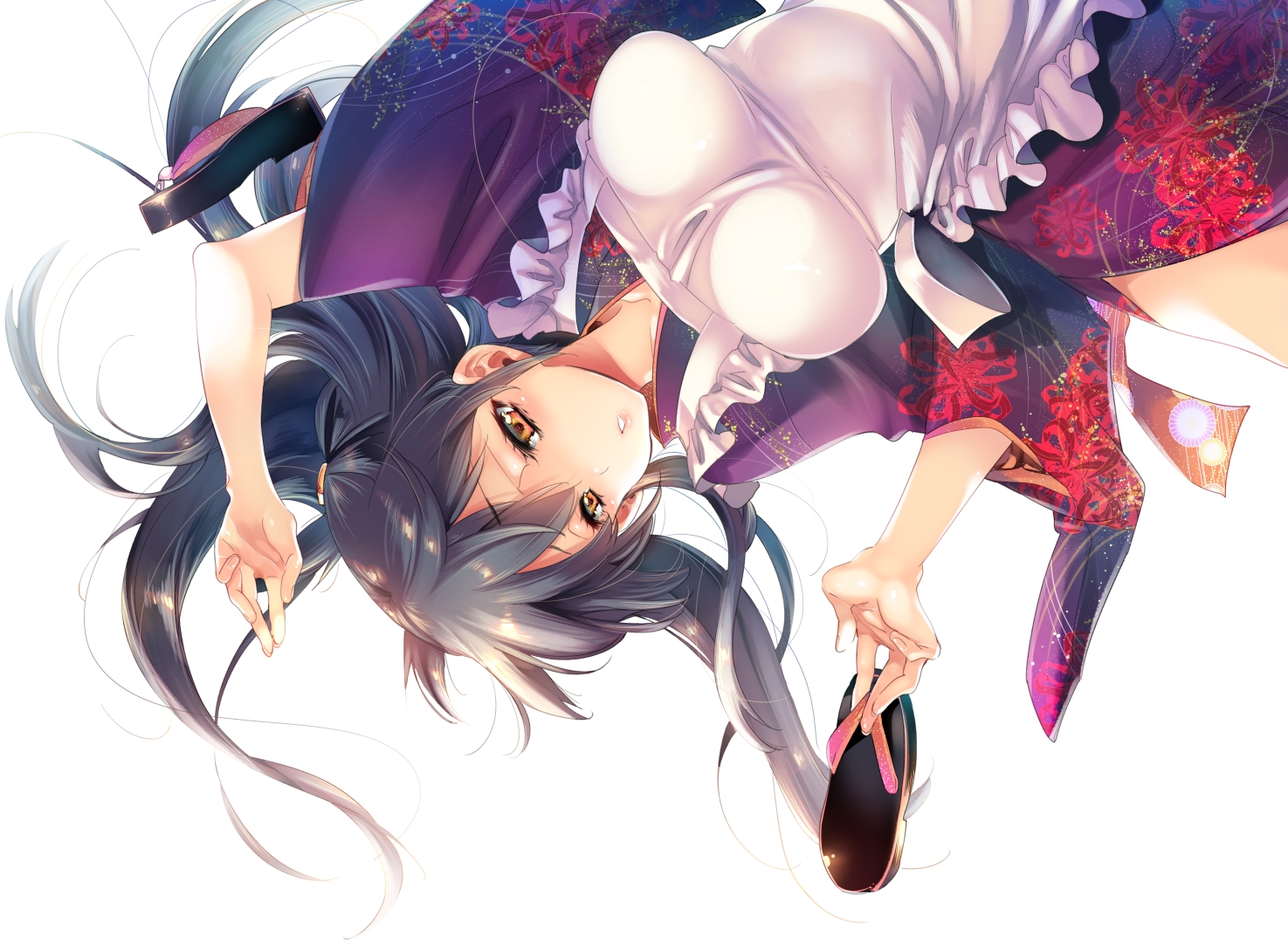 apron, black_hair, breasts, brown_eyes, japanese_clothes, kamizuki_shiki, long_hair, original