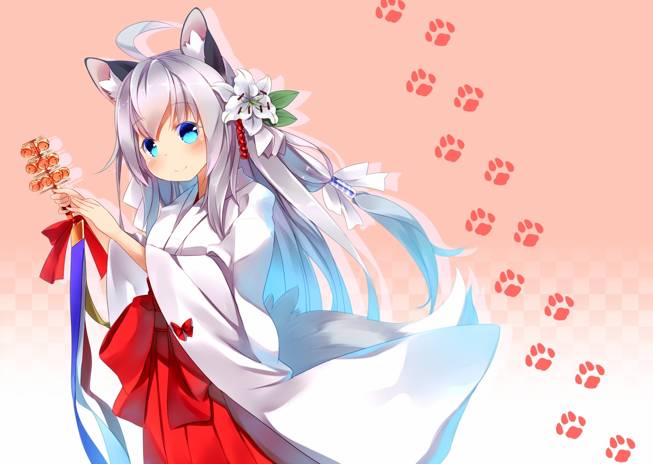 aliasing, animal_ears, aqua_eyes, autumn_dawn, blush, bow, flowers, foxgirl, japanese_clothes, long_hair, miko, original, tail, white_hair