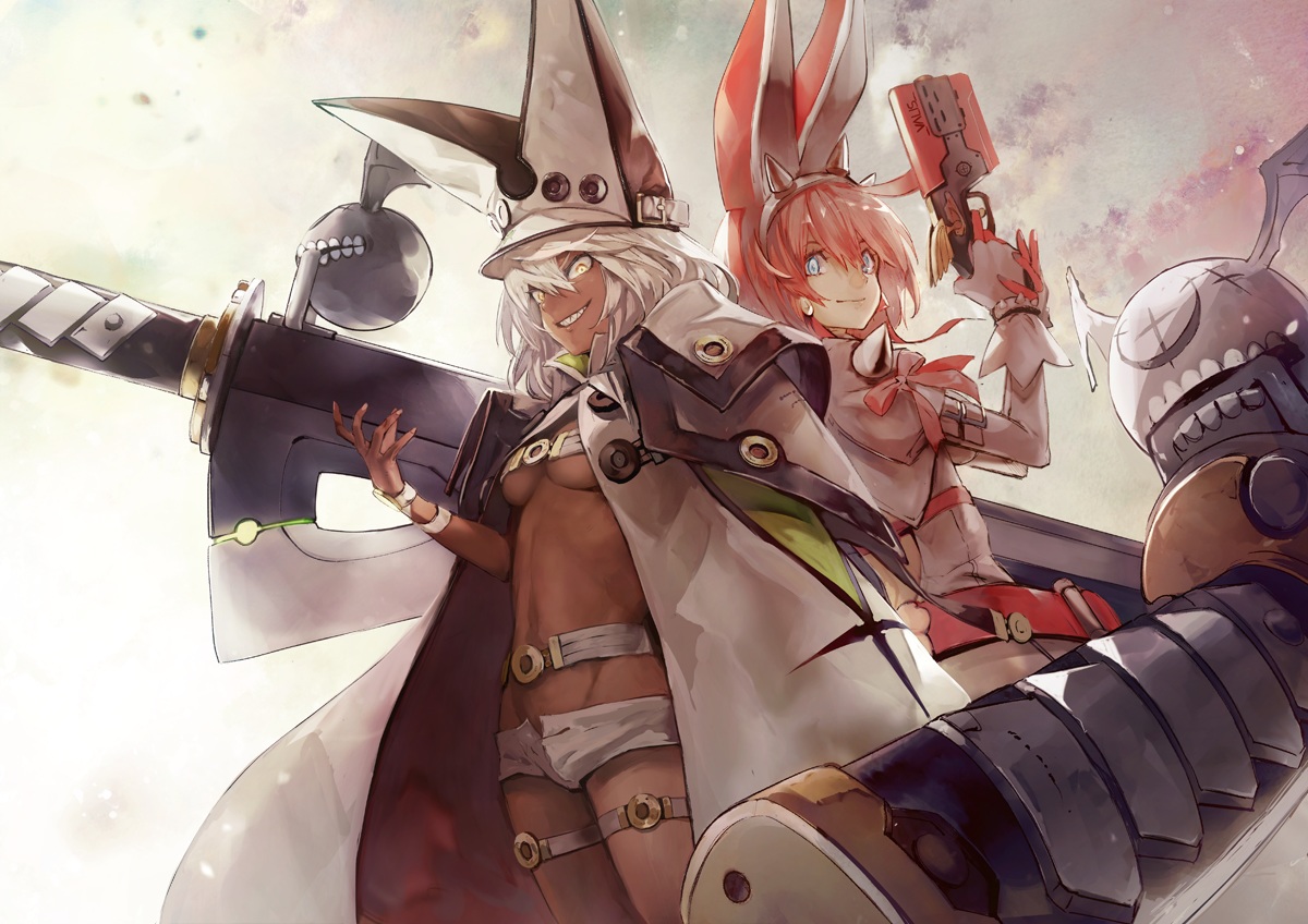 2girls, aqua_eyes, banpai_akira, breasts, dark_skin, elphelt_valentine, gloves, guilty_gear
