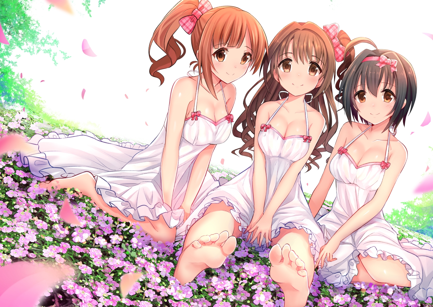 barefoot, black_hair, blush, bow, breasts, brown_eyes, brown_hair, cleavage