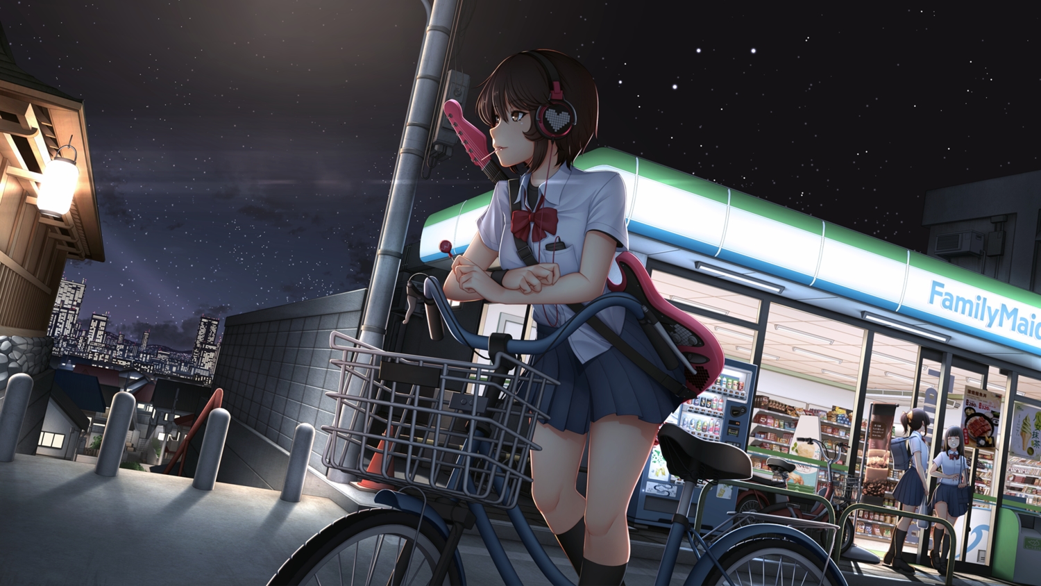 bicycle, bow, brown_eyes, brown_hair, building, candy, city, guitar