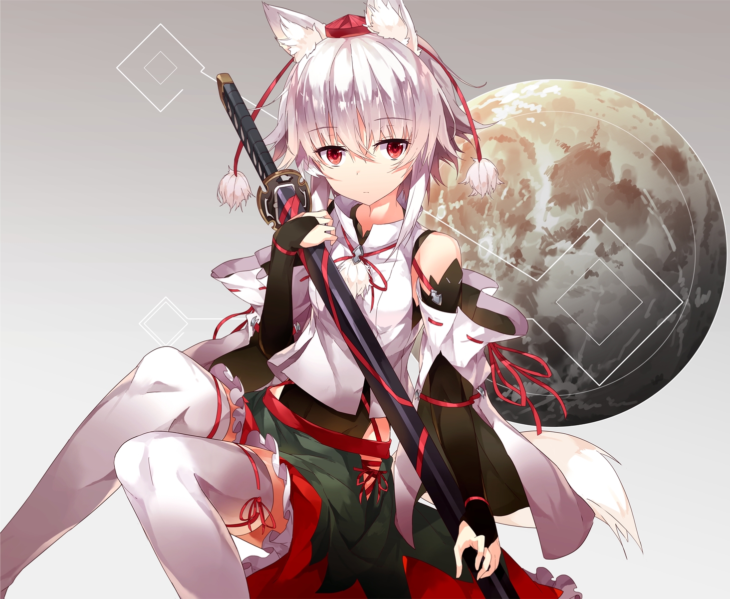 animal_ears, gradient, hide448, inubashiri_momiji, katana, red_eyes, short_hair, sword