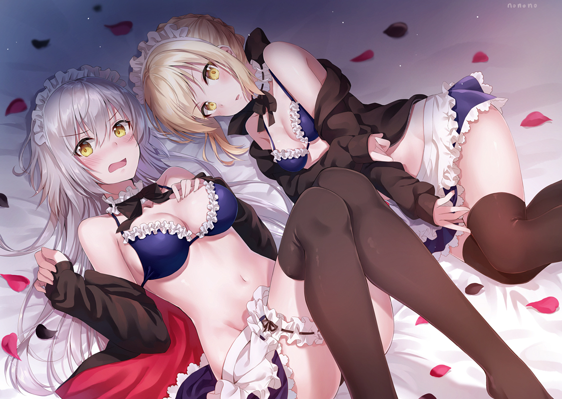 2girls, artoria_pendragon_(all), bikini, bikini_top, blonde_hair, blush, braids, breasts