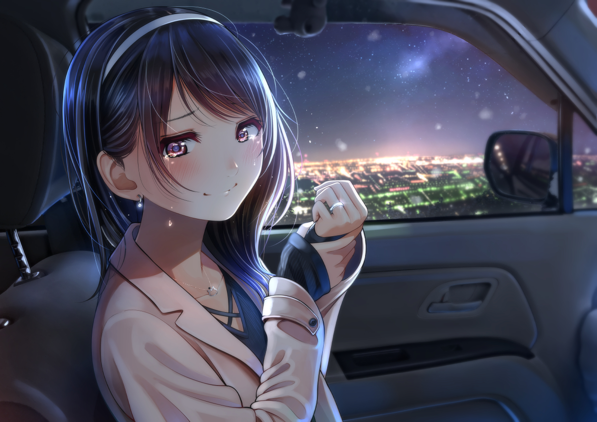 black_hair, blush, car, kentaurosu, night, original, red_eyes, reflection