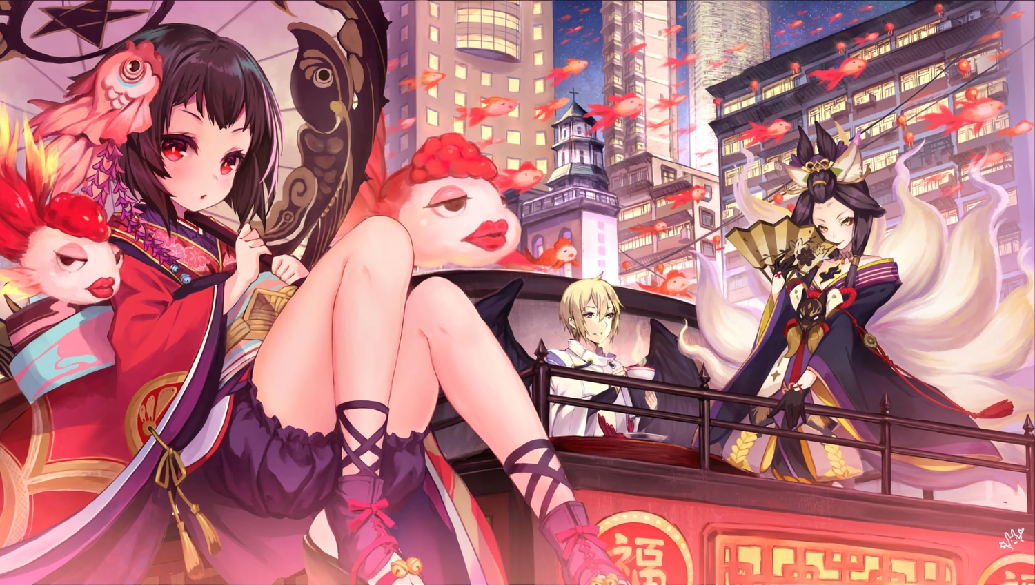 animal, animal_ears, bell, black_hair, blonde_hair, brown_hair, building, city, fish, foxgirl, japanese_clothes, kagura_(onmyouji), loli, male, multiple_tails, onmyouji, ootengu_(onmyouji), purple_eyes, red_eyes, short_hair, signed, tagme_(artist), tail, tamamo_no_mae_(onmyouji), umbrella, yellow_eyes