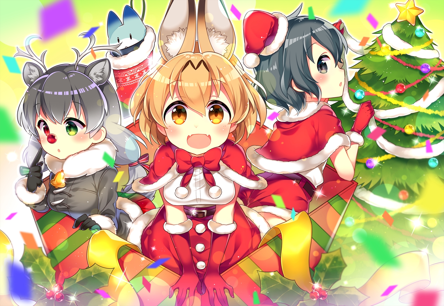 animal_ears, anthropomorphism, bell, bicolored_eyes, black_eyes, black_hair, blonde_hair, blush