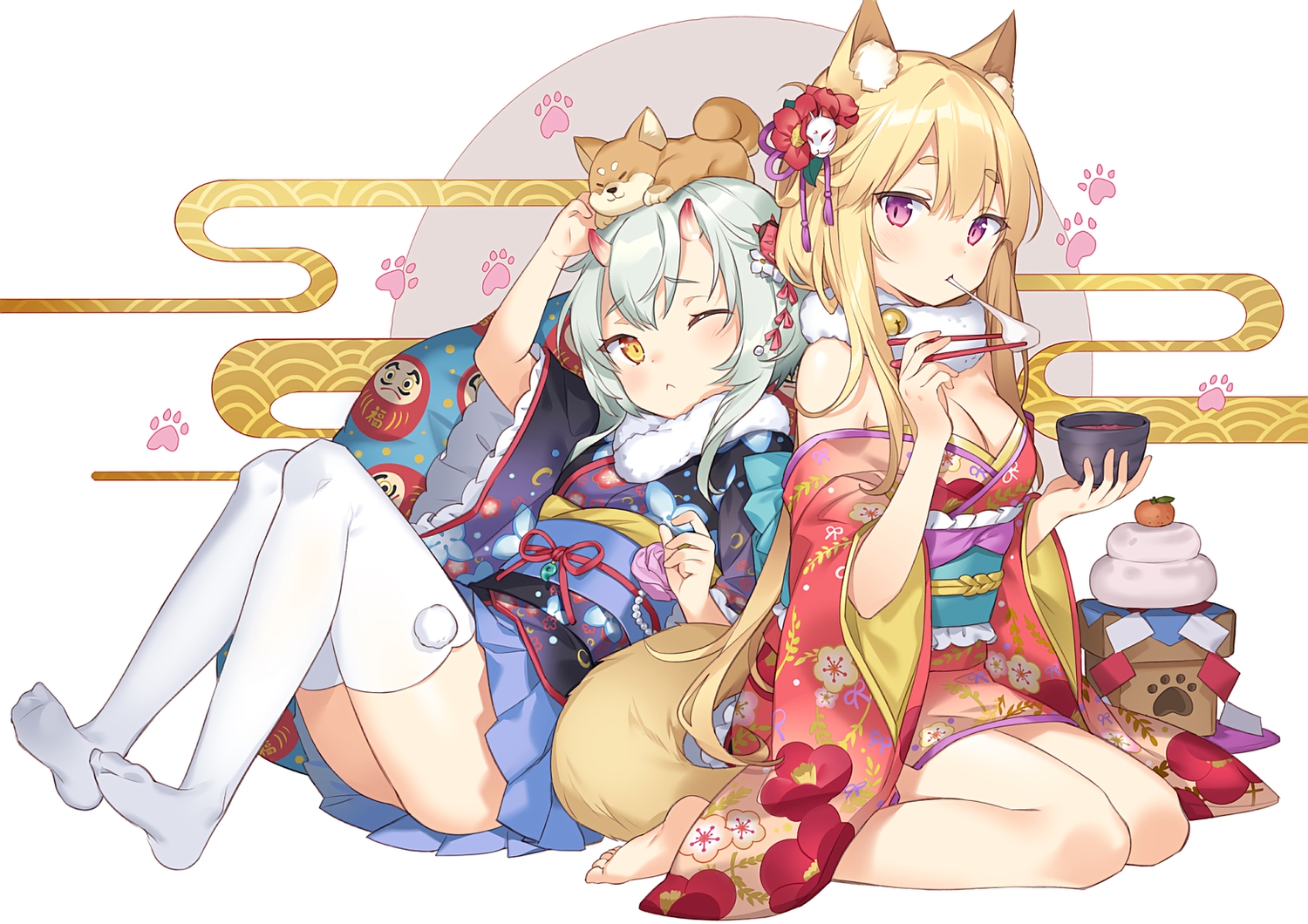 2girls, animal, animal_ears, barefoot, bell, blonde_hair, breasts, cleavage