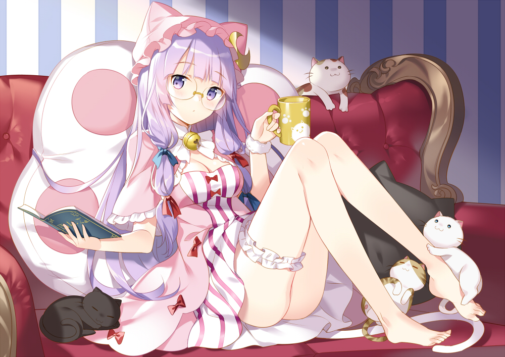 animal, animal_ears, barefoot, bell, book, bow, breasts, cat, catgirl, cleavage, couch, dress, drink, garter, glasses, hat, long_hair, patchouli_knowledge, purple_eyes, purple_hair, rie_(reverie), tail, touhou, twintails, wristwear