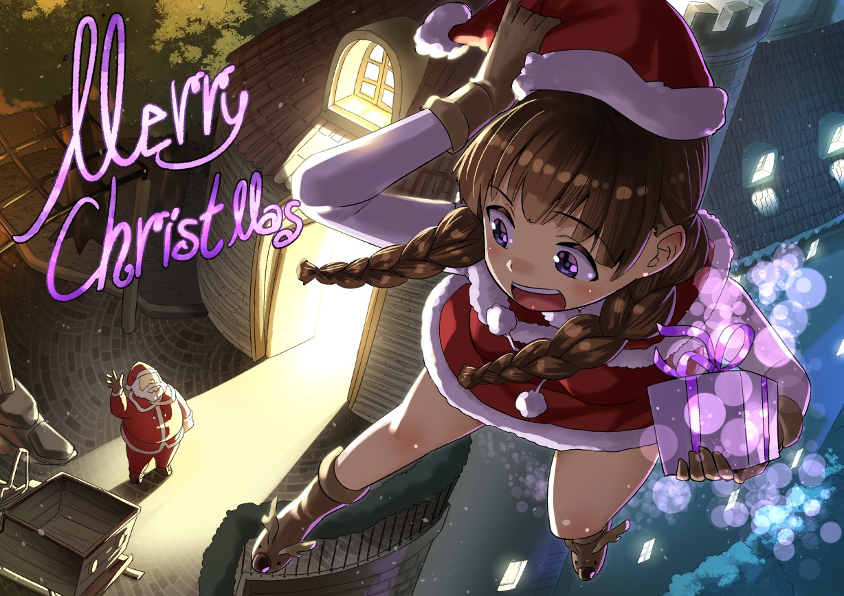 blue_eyes, boots, braids, brown_hair, christmas, gloves, hat, long_hair, male, original, otoi_rekomaru, santa_claus, santa_costume, santa_hat