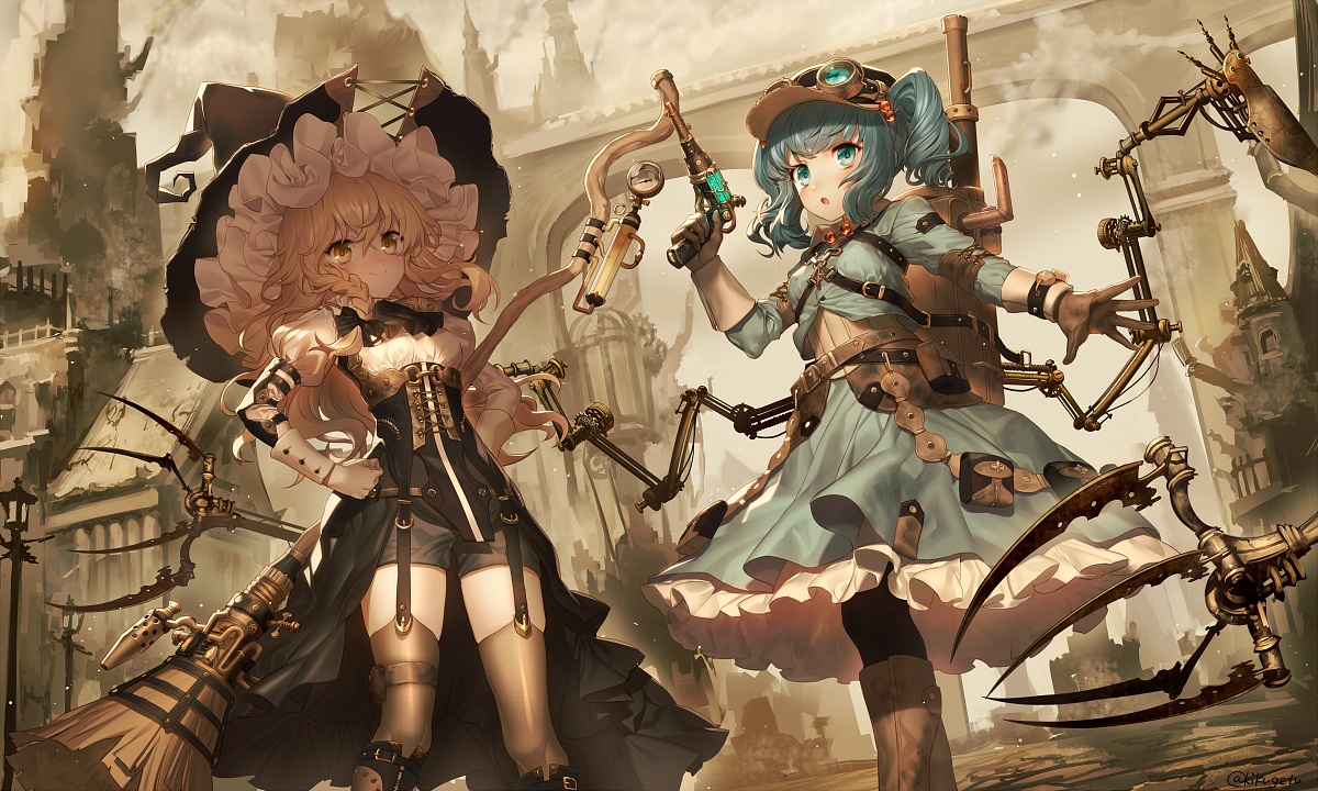 2girls, aqua_eyes, aqua_hair, blonde_hair, boots, bow, braids, building