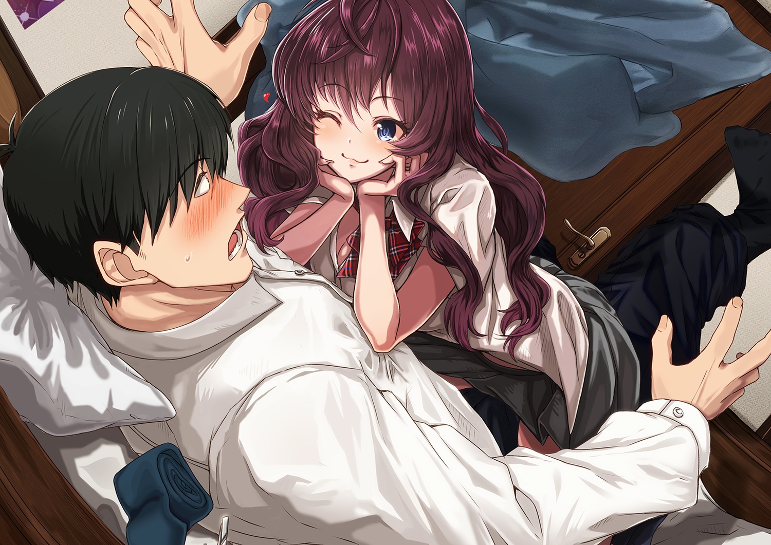 blue_eyes, blush, bow, ichinose_shiki, idolmaster, idolmaster_cinderella_girls, long_hair, male, morino_shoutarou, producer_(idolmaster), purple_hair, school_uniform, skirt, wink