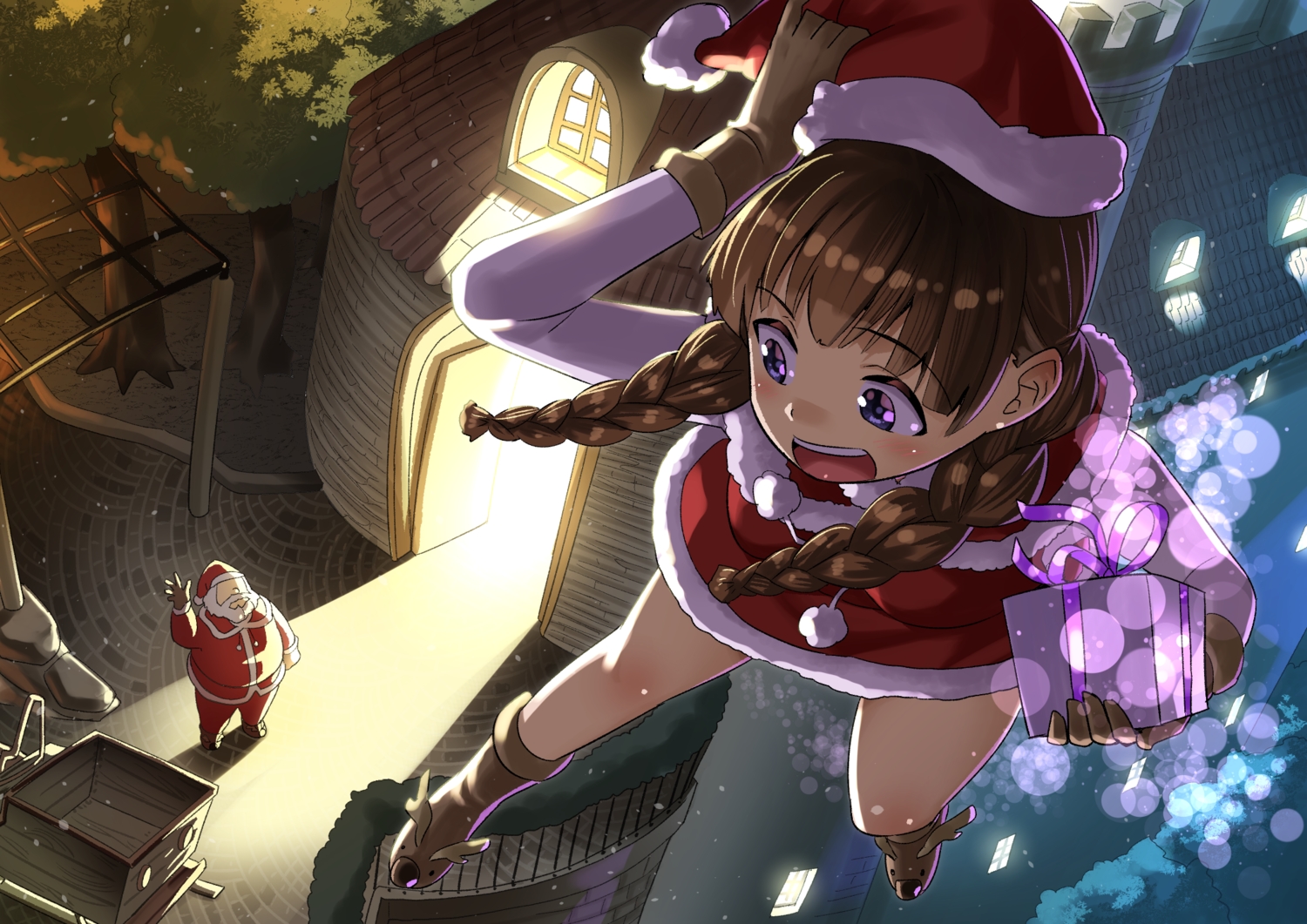 blue_eyes, boots, braids, brown_hair, christmas, gloves, hat, long_hair, male, original, otoi_rekomaru, santa_claus, santa_costume, santa_hat
